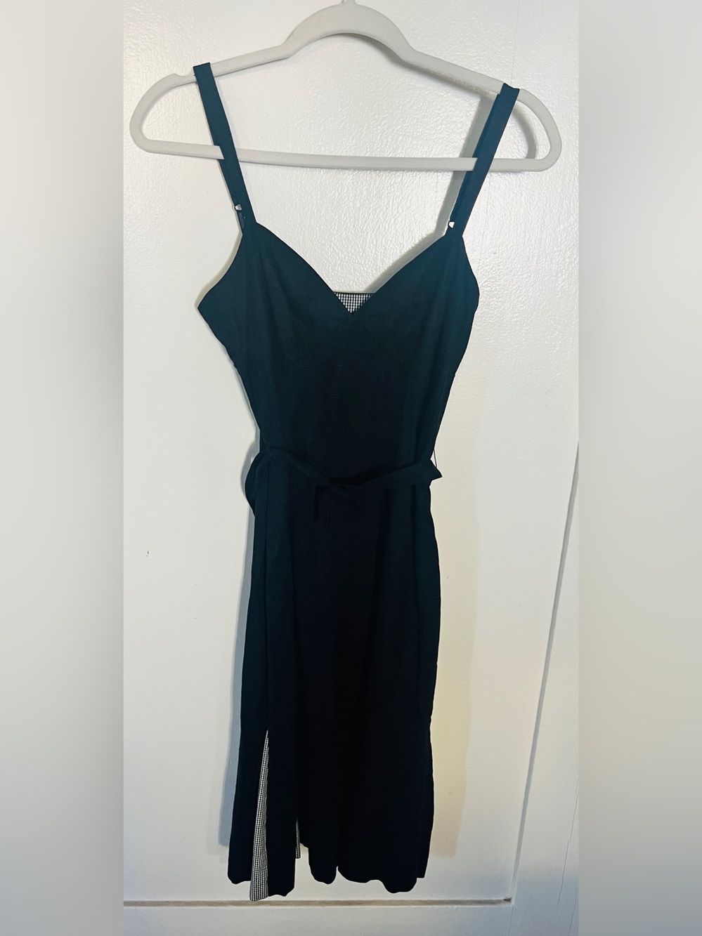 Betsey Johnson Black Linen Midi Dress with Gingham print Accents vintage 90’s